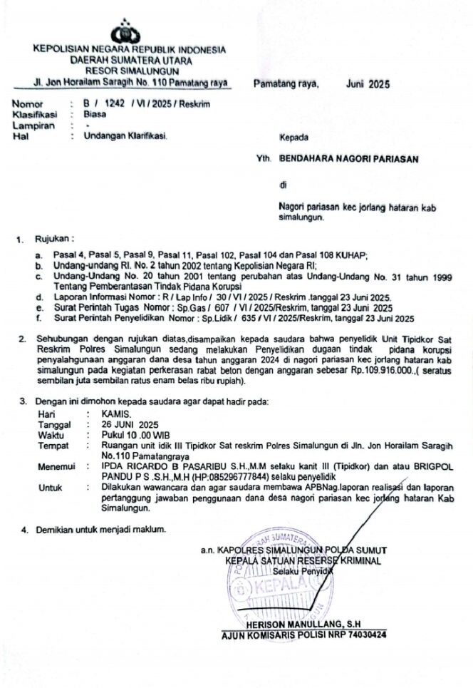 
					Penanganan Dugaan Korupsi Dana Desa di Tipidkor Polres Simalungun Bernuansa Uang Pelicin