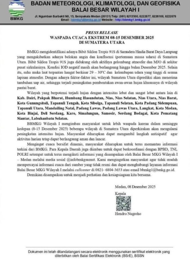 
					BMKG Imbau Warga Sumatera Utara Waspada Cuaca Ekstrem 8–15 Desember 2025